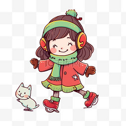 穿着红色鞋的女孩图片_冬天可爱女孩手绘滑冰卡通元素
