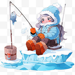 钓鱼的女孩图片_冬天可爱女孩手绘湖边钓鱼卡通元
