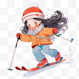 红色围脖手绘图片_滑雪冬天女孩卡通手绘元素