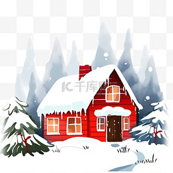 冬天红色的雪屋树木卡通手绘元素