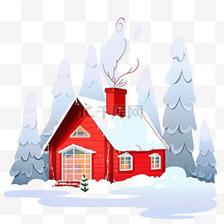 冬天红色的雪屋手绘元素树木卡通