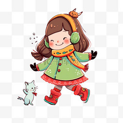 穿着红色鞋的女孩图片_冬天手绘元素可爱女孩滑冰卡通