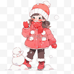 冬天女孩玩雪球卡通手绘元素