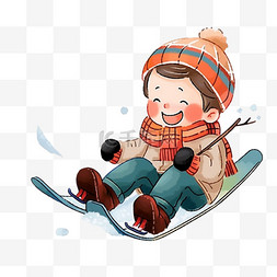 卡通撬图片_可爱男孩滑雪撬卡通手绘冬天元素