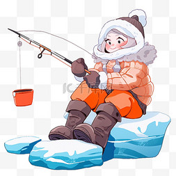 冬天可爱女孩湖边钓鱼手绘元素卡