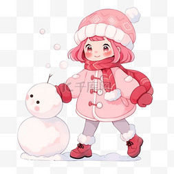 女孩玩雪球卡通冬天手绘元素