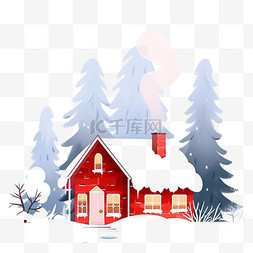 冬天卡通手绘红色的雪屋树木元素