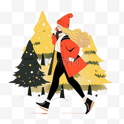 红色纯色纹理图片_冬天女孩圣诞树扁平插画元素圣诞
