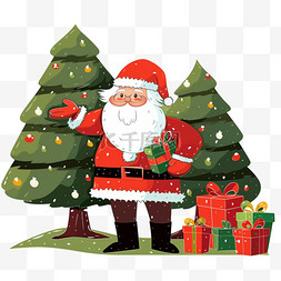 红色的松树图片_圣诞节圣诞老人礼盒松树卡通手绘