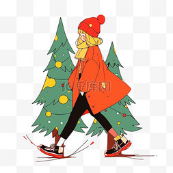 孟菲斯背景绿色图片_圣诞节女孩圣诞树冬天扁平插画元