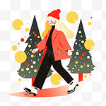 圣诞节女孩冬天圣诞树扁平插画元素