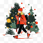 冬天圣诞节女孩圣诞树扁平插画元素
