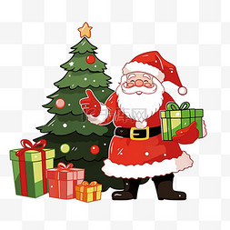 棕色树卡通图片_圣诞节圣诞老人松树礼盒手绘元素
