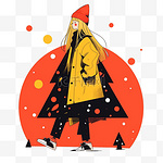 冬天插画元素圣诞节女孩圣诞树扁平