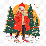 圣诞节女孩圣诞树扁平冬天插画元素