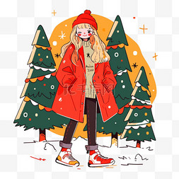 红色毛呢外套图片_圣诞节女孩圣诞树扁平冬天插画元