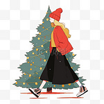 冬天女孩圣诞树扁平圣诞节插画元素
