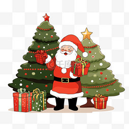 棕色卡通树图片_圣诞节圣诞老人手绘松树礼盒卡通