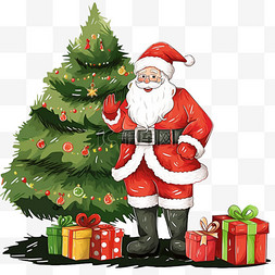 圣诞老人胡子帽子图片_圣诞老人松树礼盒卡通圣诞节手绘