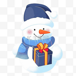 蓝色冬天背景图片_冬天手绘元素可爱的雪人拿着礼盒