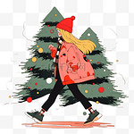 冬天圣诞树女孩卡通手绘元素