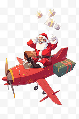 圣诞老人飞机礼盒卡通手绘圣诞节