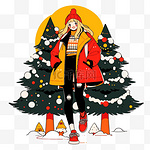 圣诞树冬天女孩卡通手绘元素
