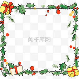 白色绿边图片_圣诞节松叶礼盒边框手绘卡通元素