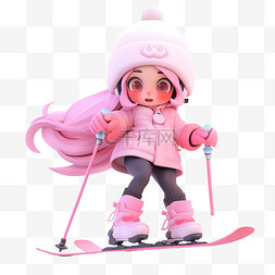 卡通女孩粉色衣服图片_冬天可爱女孩滑雪免抠3d元素