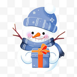 冬天卡通可爱的雪人拿着礼盒手绘