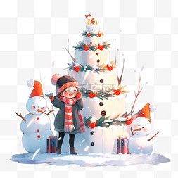卡通拿着生日蛋糕图片_圣诞节可爱女孩手绘元素雪人卡通