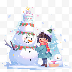 白色的圣诞树图片_可爱女孩雪人卡通手绘元素圣诞节