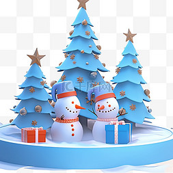 蓝色圆台图片_冬天雪人松树圣诞节3d免抠元素