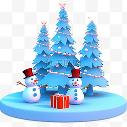 红色高清背景图片_冬天圣诞节雪人3d松树免抠元素