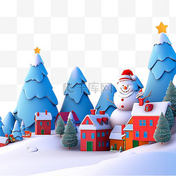 房子山上图片_雪人蓝色圣诞树圣诞节3d元素