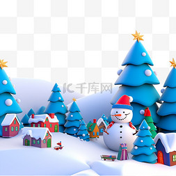 3d圣诞房子图片_圣诞节雪人蓝色3d圣诞树元素