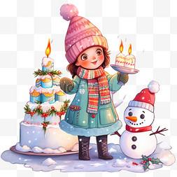 雪人蛋糕图片_圣诞节可爱女孩卡通雪人手绘元素