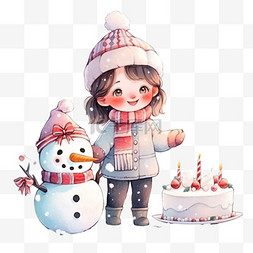 卡通拿着生日蛋糕图片_圣诞节可爱女孩雪人手绘元素卡通