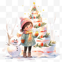 挂着彩灯的圣诞树图片_卡通圣诞节可爱女孩雪人手绘元素