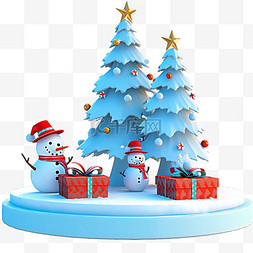 免抠礼盒三个礼盒图片_冬天雪人松树3d免抠元素圣诞节