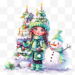蛋糕圣诞树图片_圣诞节可爱女孩雪人卡通元素手绘