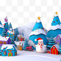 3d圣诞房子图片_雪人蓝色圣诞树3d元素圣诞节