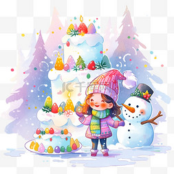 树上木瓜树上图片_手绘元素圣诞节可爱女孩雪人卡通