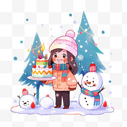 卡通拿着生日蛋糕图片_可爱女孩雪人圣诞节卡通手绘元素