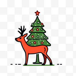 手绘线条鹿图片_圣诞节卡通平面插画小鹿松树手绘