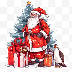 手绘红色圣诞树图片_圣诞节圣诞树企鹅元素手绘
