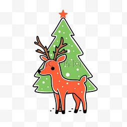 手绘线条鹿图片_圣诞节平面插画卡通小鹿松树手绘