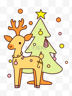 平面插画小鹿圣诞节松树卡通手绘