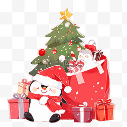 圣诞树企鹅卡通圣诞节手绘元素