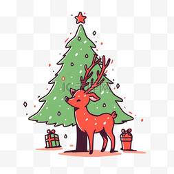松树林卡通图片_圣诞节平面插画小鹿卡通松树手绘